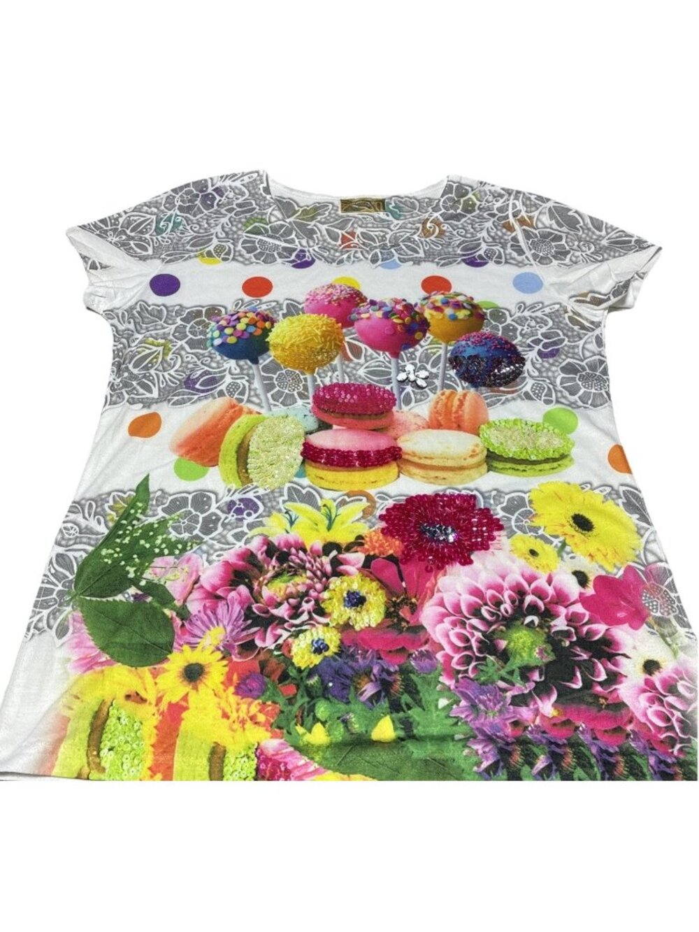 VINTAGE Escada Sport Sequin Embellished Graphic Tee Large Macarons Flowers Retro